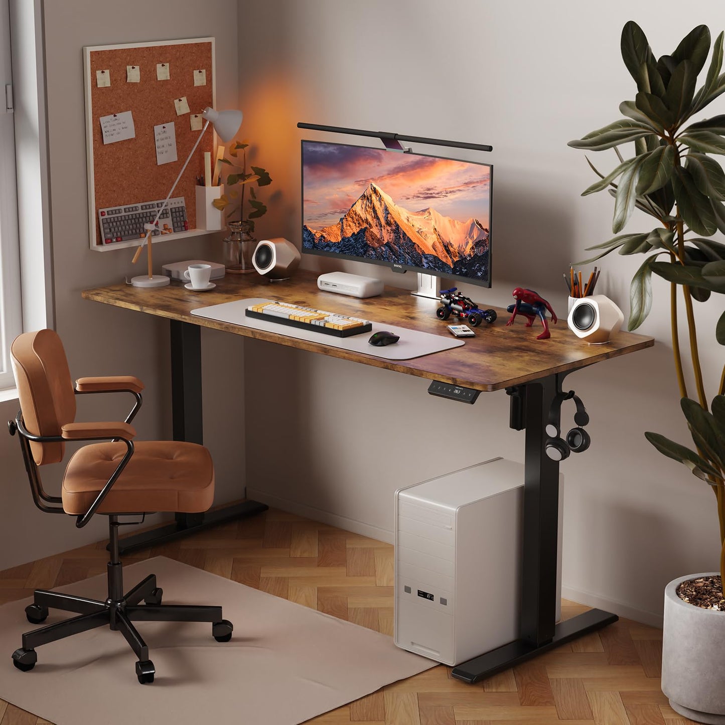 WALKINGDESK 48x24 Inches Height Adjustable Electric Standing Desk with 2 Hooks for Home Office, Ergonomic Sit Stand up Desk with Splice Board, Rustic Brown