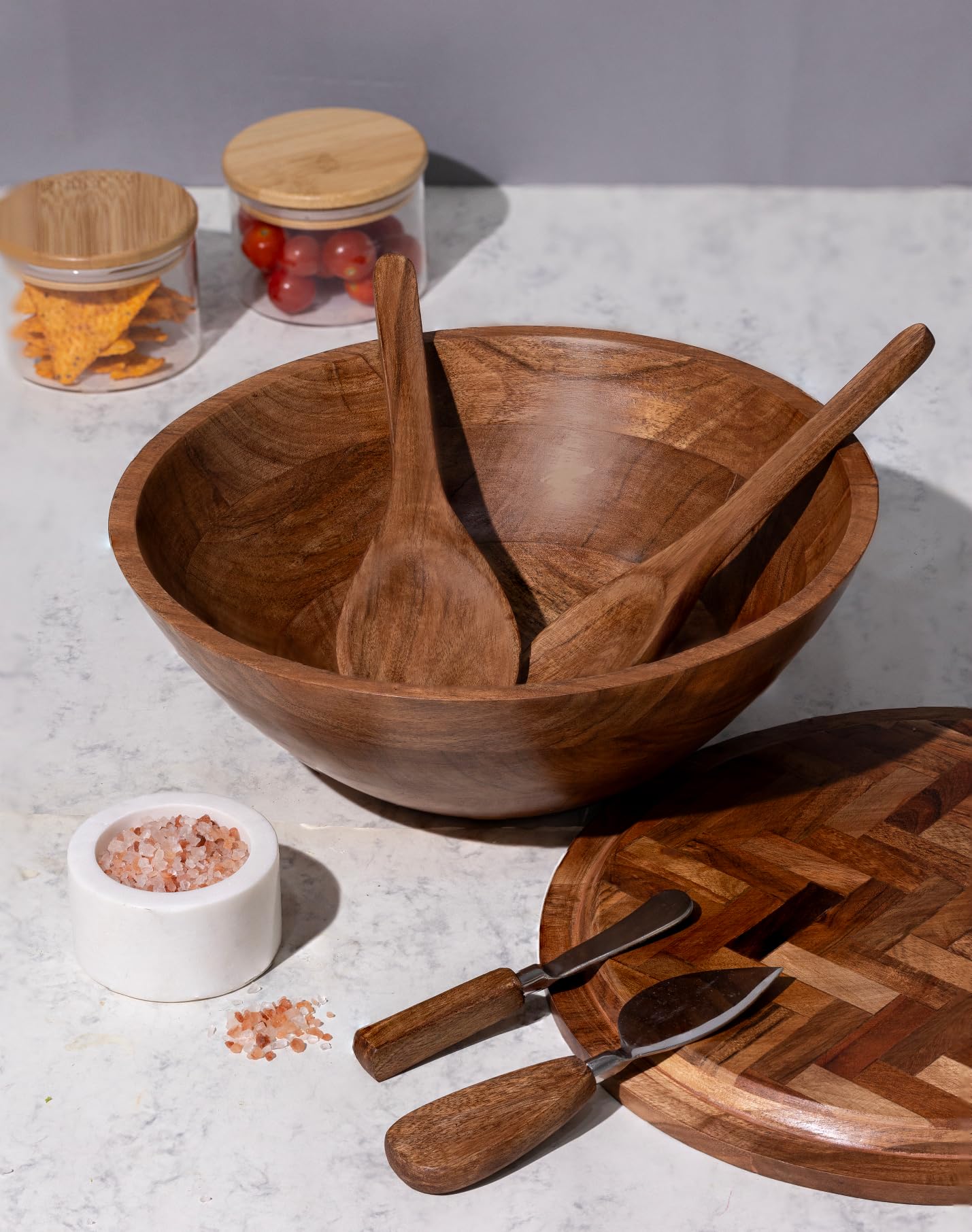 Beautiful Salad Bowl 12x12x4.75" Wood Bowl with Herringbone Inlay Lid, Salad Servers, and Cheese Knives Salad Bowls with Lids Wooden salad bowl with serving utensils |Designed in USA Handmade in India
