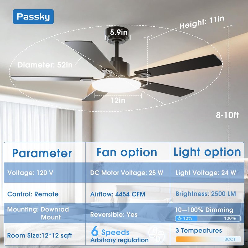 Passky Ceiling Fans with Lights, 52 inch Sleek Ceiling Fan with Light and Remote Control, 3CCT, Dimmable, Reversible, Noiseless, Black Ceiling Fan for Bedroom, Living Room