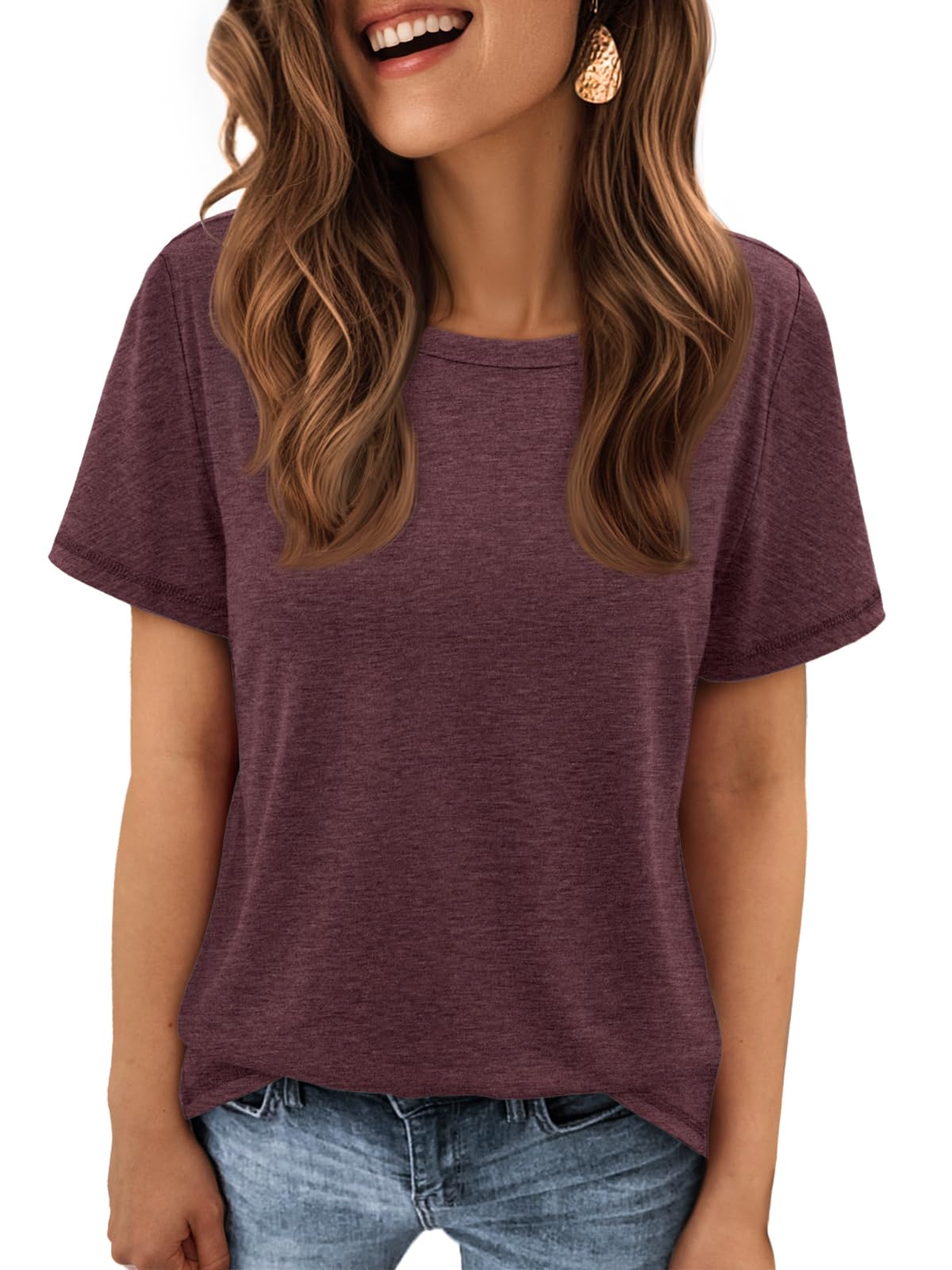 ATHMILE Womens Tops Dressy Casual T Shirts Crewneck 2025 Summer Casual Tops Fitted Shirts Basic Tee Wine Red