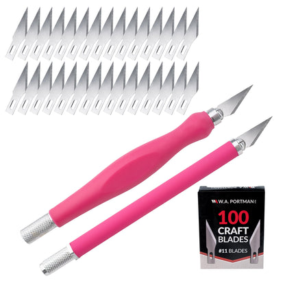 WA Portman 2-Piece Pink Craft Knife Set – Sharp, Durable Hobby Knife Set with Comfort Grip & 100#11 Craft Blades for Precision Cutting, DIY, and Crafting Projects