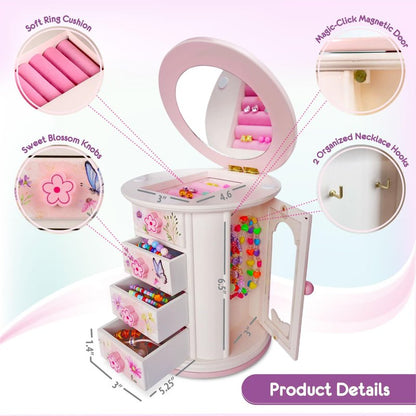 Tiny Gem - Spinning Jewelry Box for Girls Ages 2-18; Little Girl and Toddler Birthday and Christmas Gift; Flower and Butterfly White and Pink Wood Jewelry Box and Organizer; Room Decor for Accessories