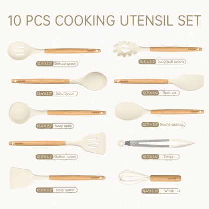 CAROTE Silicone Cooking Utensils Set, Kitchen Utensils Set 10 Pcs for cooking, BPA Free Spatula Set with Heat Resistant Wood Handles for Nonstick Cookware (Cream White)