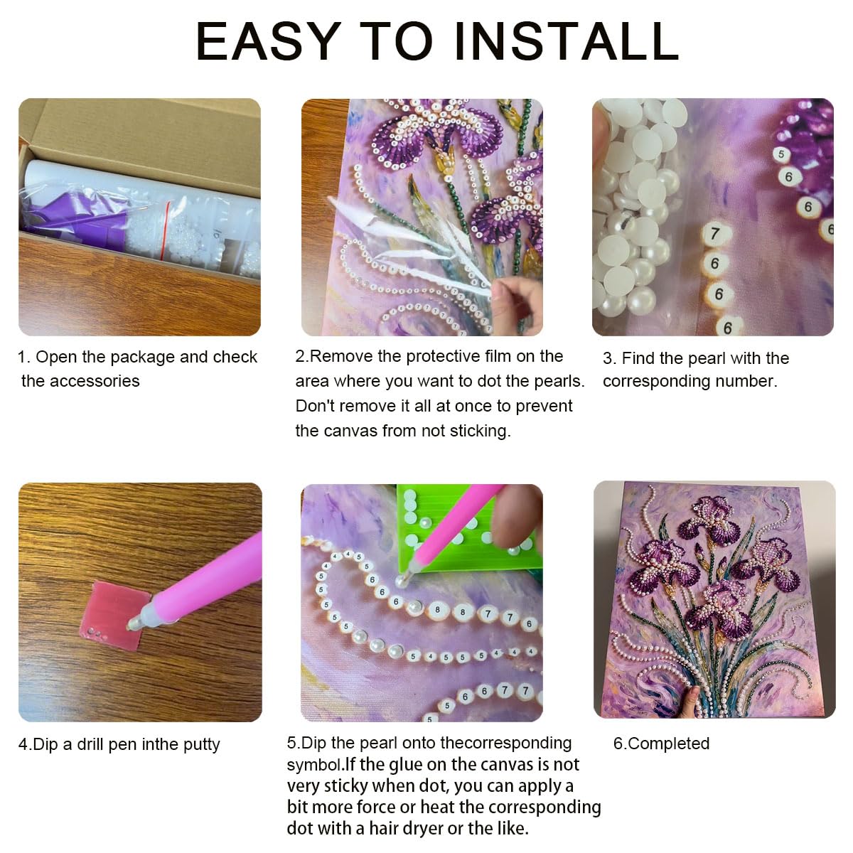 Mrchfr Purple Iris Pearl Painting for Adults Handmade DIY Self-Adhesive Bead Flower Painting for Beginners Pearl Mosaic Art for Home Office Bedroom Wall Art Without Frame 15.75x19.96inch(Style C)