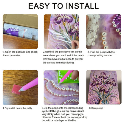 Mrchfr Purple Iris Pearl Painting for Adults Handmade DIY Self-Adhesive Bead Flower Painting for Beginners Pearl Mosaic Art for Home Office Bedroom Wall Art Without Frame 15.75x19.96inch(Style C)