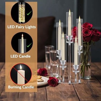 4PCS 5 Arm Acrylic Candelabra for Table Wedding Centerpiece,Crystal Clear Candle Stick Holders Candelabra Centerpiece Stands with Removable Lampshade for Party Easter Baby Shower Fit 0.8 LED Candle
