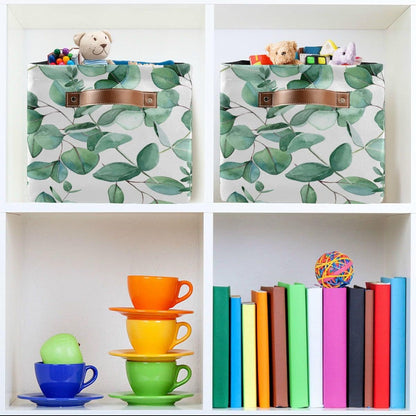 xigua Collapsible Green Leaves Storage Basket, Waterproof Canvas Toy Storage Bin with Leather Handles, 1PCS