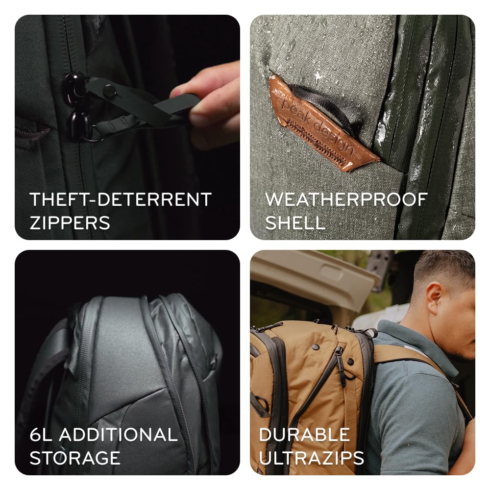 Peak Design Travel Backpack 45L, Black, Expandable 35-45L Design, Rear and Top Access, Weatherproof Shell, Laptop Sleeve, Ideal for Travel or Everyday Carry, Versatile Backpack for Men and Women