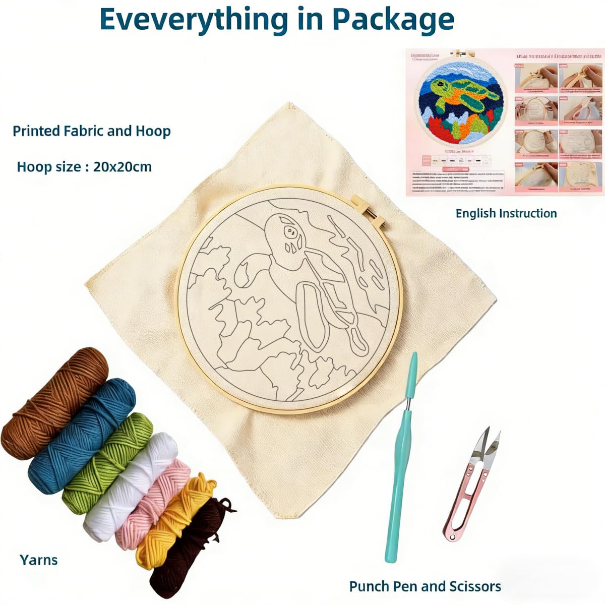 DIY Punch Needle Kits for Beginners Green Sea Turtle with Hoop Embroidery Punch Needle Starter Craft Set Easy for Adults and Children Festival Gift and Decoration 20x20cm-5
