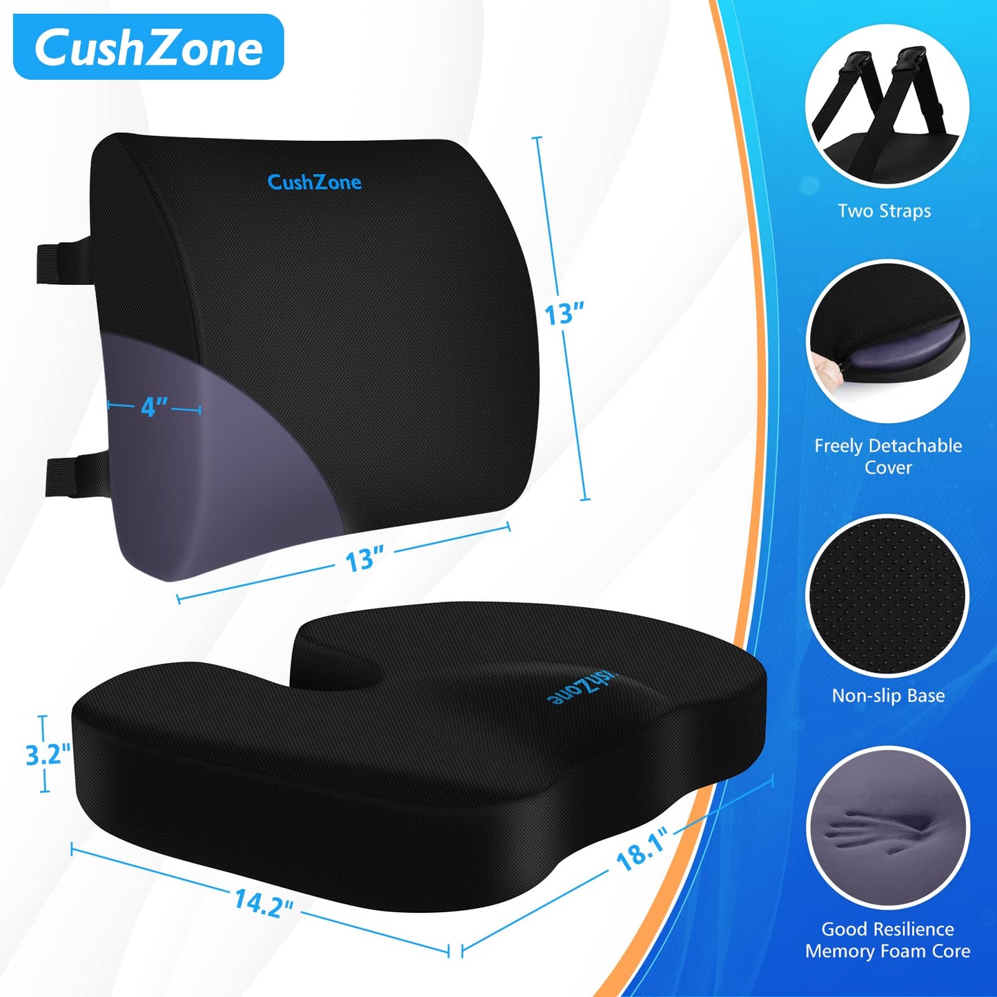 CushZone Seat Cushion, Lumbar Support Pillow with Adjustable Strap-Chair Cushions for Sciatica Pain Relief-with Washable Cover Memory Foam for Car, Travel and Wheelchair-Black