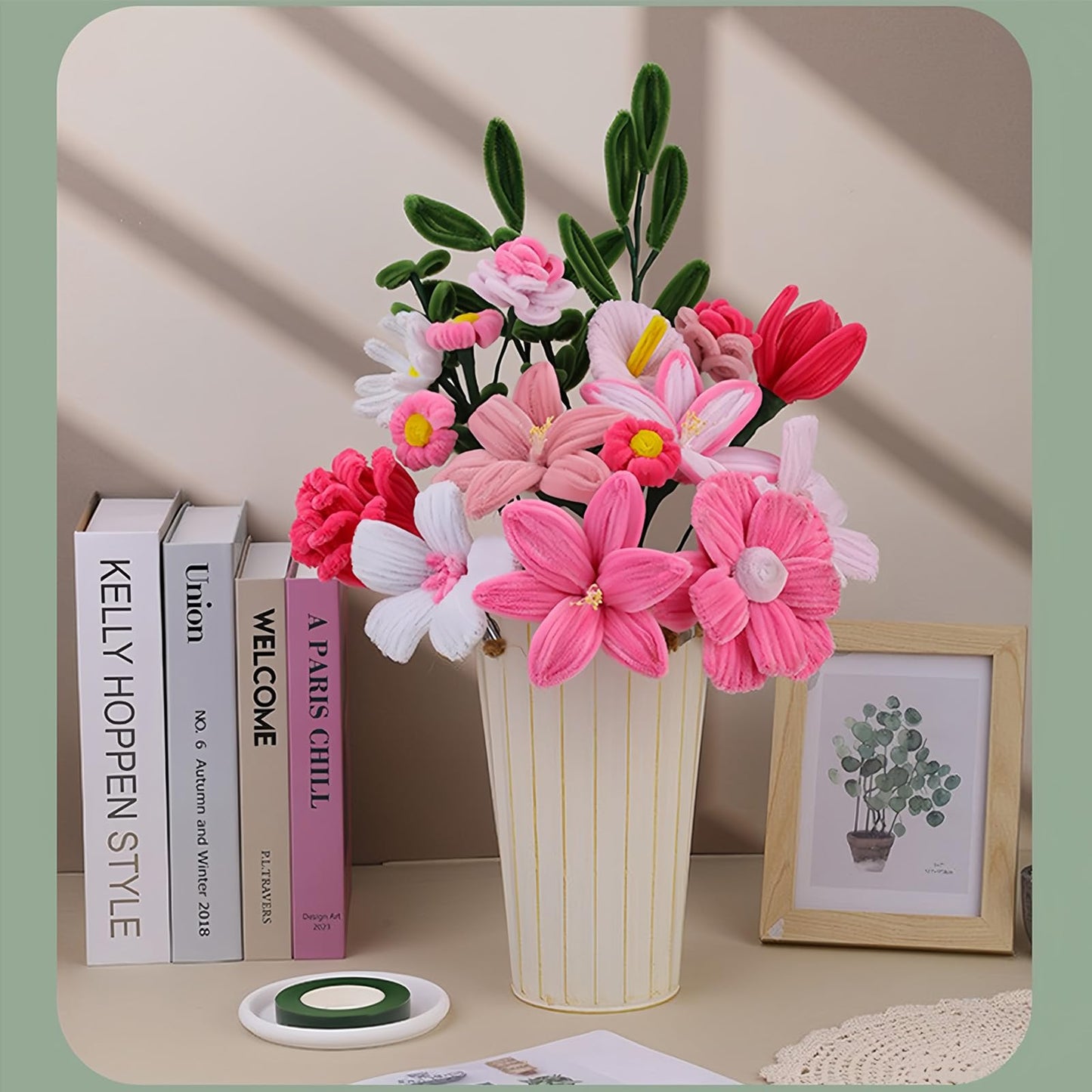 HUEYTON 450Pcs Pipe Cleaners Pink Flower Bouquet Craft Kit, Assorted Pink Chenille Stems for DIY Art, Ideal for Party Decor, Home Accents & Handmade Gifts