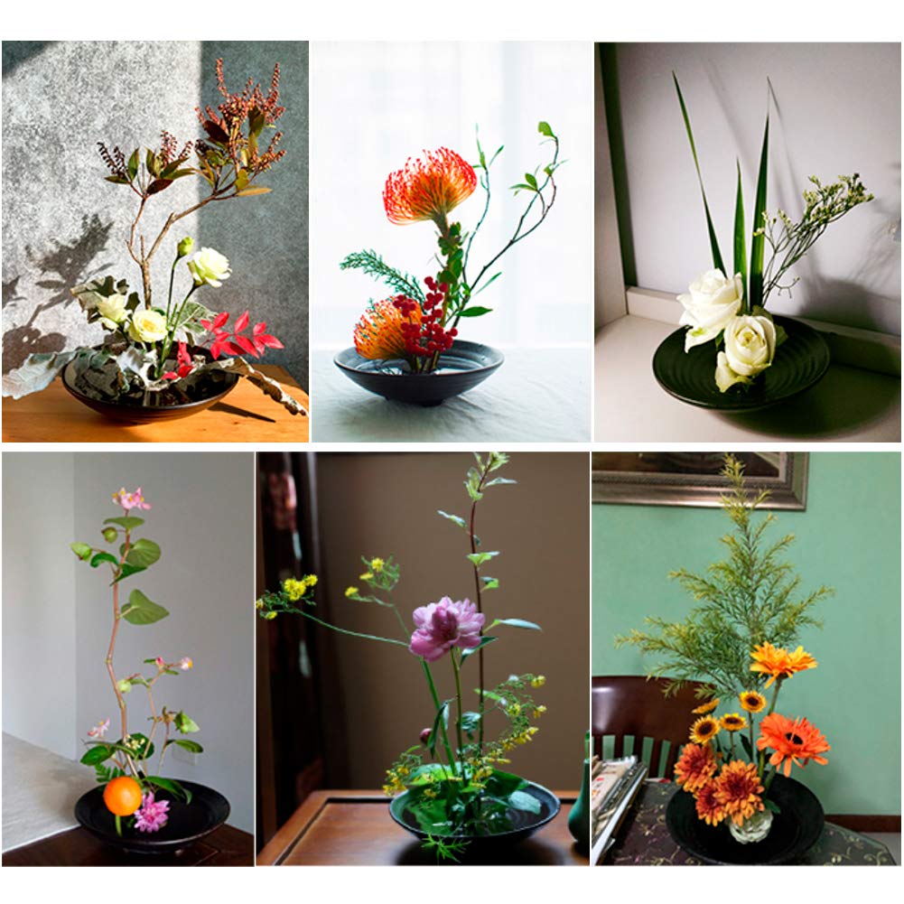 WANDIC Flower Arrangement Kit, Set of 51, Round Flower Holders, Ceramic Flower Pot, Kenzan Needle Cleaning Pin & Rake, Floral Stems and Floral Tape for Flower Arranging Art