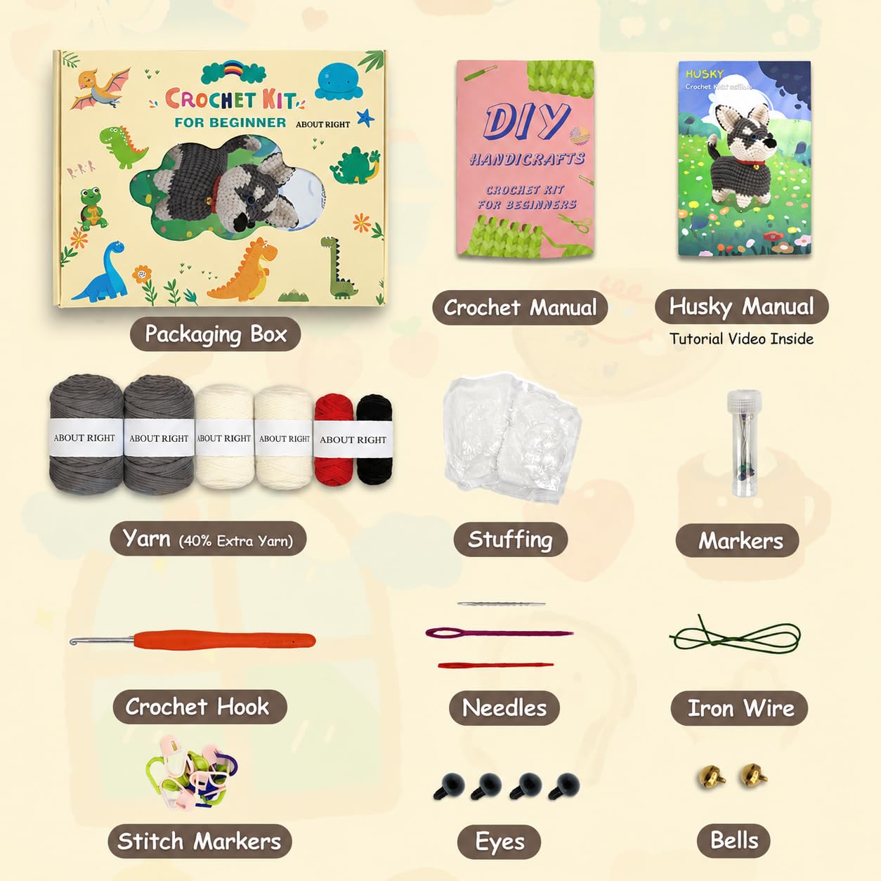 ABOUT RIGHT Crochet Kit Dog for Beginners, 7x6 Inches Husky Amigurumi Kit with Step-by-Step Video Tutorials, All-in-one DIY Animal Crochet Project for All Ages