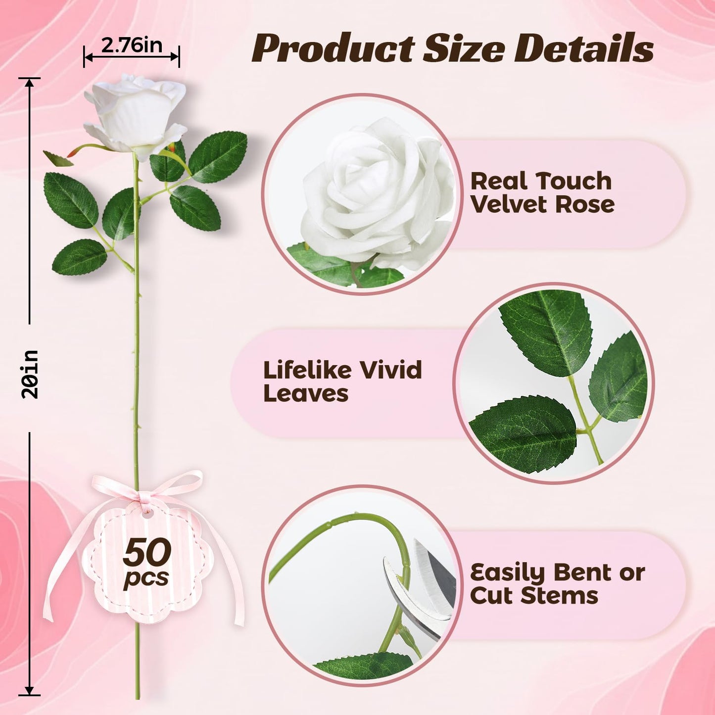 jabeick 50 Pcs Fake Roses White Artificial Flowers Bulk, Faux Velvet Silk Rose Bouquet with Long Stems Real Look for Wedding Party Centerpieces Vases Decor