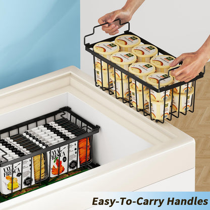 4 Pack Freezer Organizer Bins(14.6‘’L X 7.1‘’W X 5.2‘’H) Suitable for 5-7 Cu.Ft Chest Freezer Sort Frozen Meats | Stackablet Chest Freezer Organizer Bins Get Food Easily w/Handle, Gifts Ideas for Mom