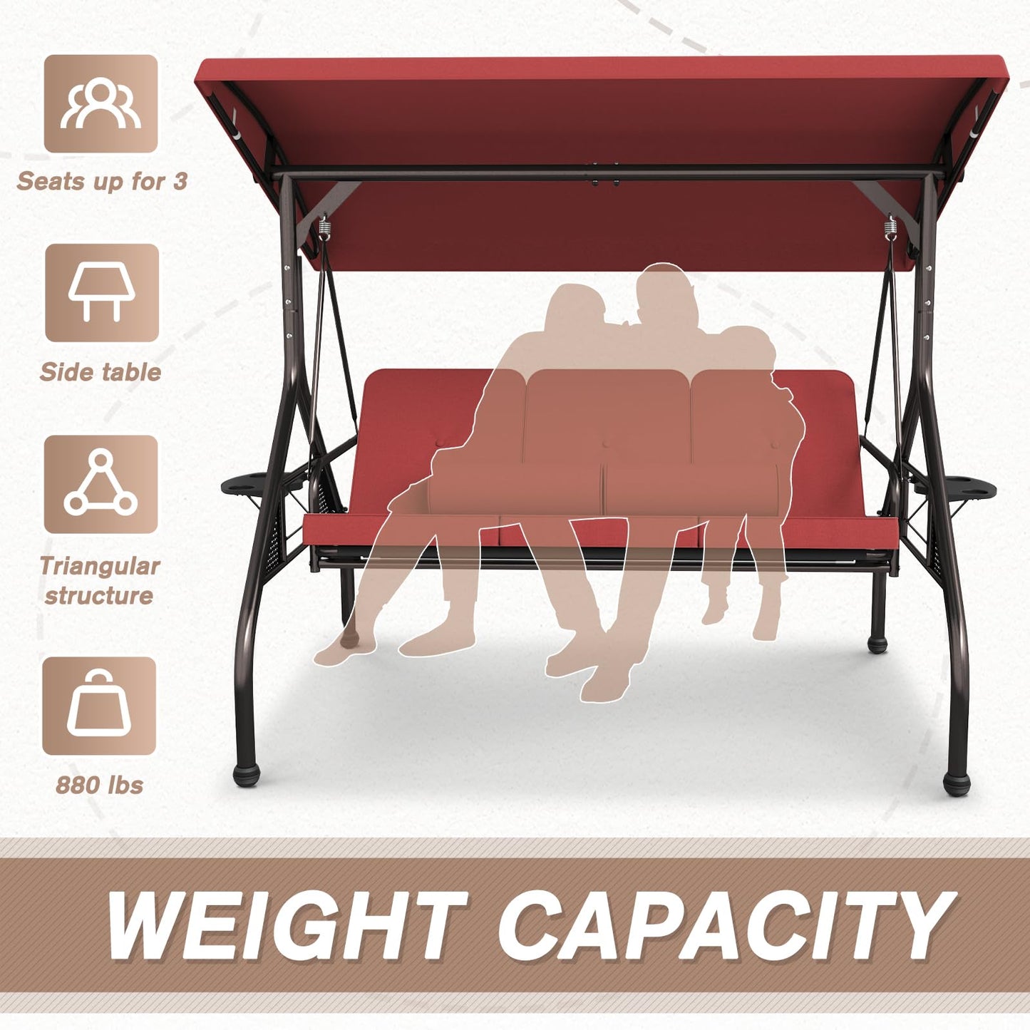 Patiomore 3 Seat Outdoor Porch Swing Chair, Adjustable Canopy Swing Bench, Convertible Backrest Swing Bed with Thicken Cushions, Pillow & Cup Hold (Wine Red)