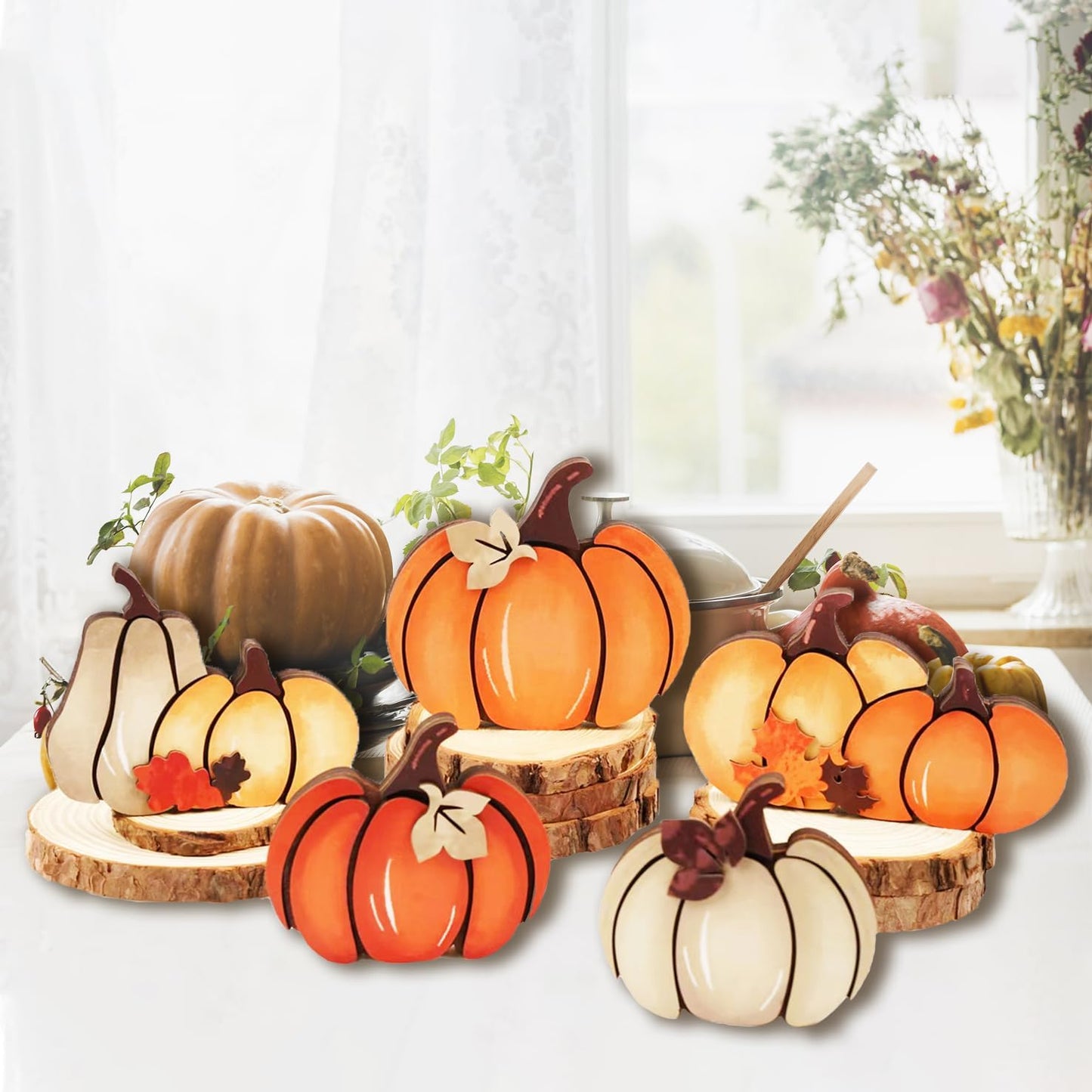 5PCS Wooden Pumpkin Fall Decor- Double Side Fall Pumpkin Decorations for Home Thanksgiving Table Centerpieces for Home, Office, Mantel and Shelf Autumn Decorations (D5)