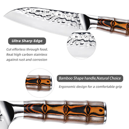 5.5" Santoku Knife, Pro Chefs Kitchen Knives, HC Stainless Steel, Hammered Ultra Sharp Blade, Bamboo Shape Handle Cooking Cutlery 2025 Gifts for Home & Restaurant