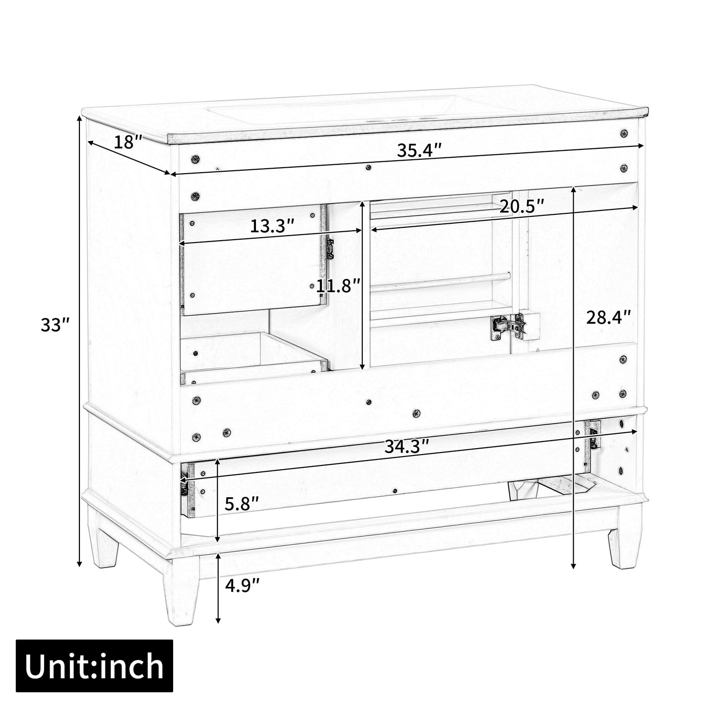 Bathroom Vanity with Ceramic Sink 36 Inch, Cabinet with One Door and Three Drawers, Soft-Closing Door, Solid Wood Legs, Black