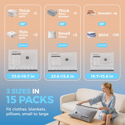 15 Pack Travel Vacuum Bags with Rechargeable Wireless Pump, Clothing Seal Organization Packing Bags, Compression Space Saver Storage for Airplane/Cruise/RV/Camping Carry On Luggage, Suitcase