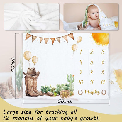 Kwtzkuo Western Milestone Blanket, Cowboy Baby Monthly Blanket with Marker, Newborn Baby Shower Photo Props My First Rodeo Gifts