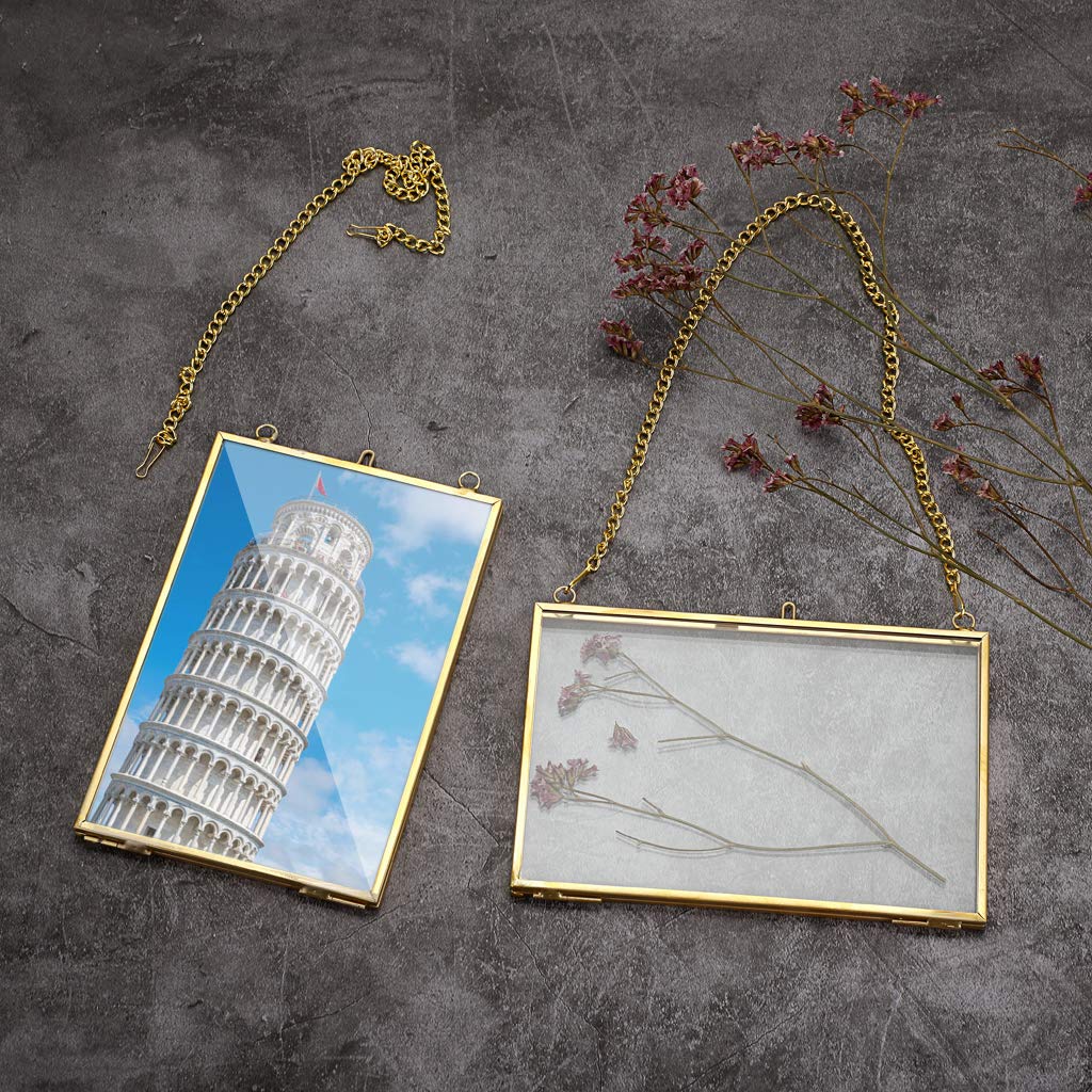 JUXYES Set of 2 Wall Hanging Brass Frames for Pressed Flowers, Golden Modern Hanging Picture Artwork Display Frame, Double Glass Floater Style Gallery Wall Frame for Photo Picture Poster etc, 4x6 Inches