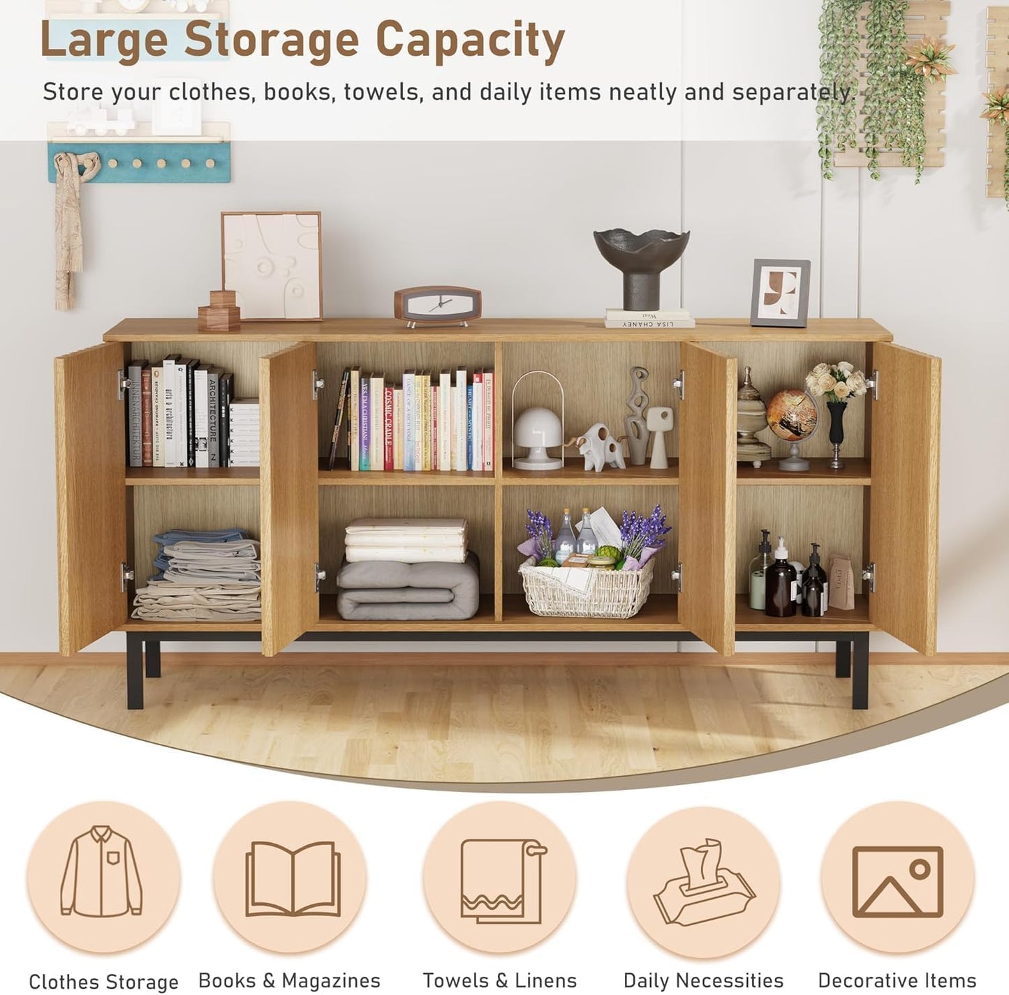 Garvee 60 Inch Sideboard Buffet Cabinet with Fluted Doors, Modern Wood Storage Cabinet with Adjustable Shelf, Freestanding Coffee Bar for Dining Room Living Room