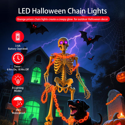 10Ft Battery Operated Plastic Chain Lights for Halloween Decorations, 8 Modes Timer Orange Halloween String Lights Waterproof Lighted Props Chains for Skeleton Dog, Haunt House,Costumes Party Decor