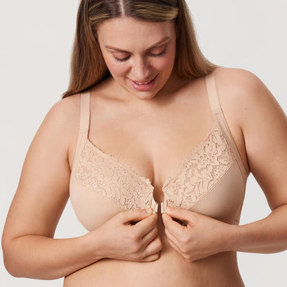 DELIMIRA Women's Front Closure Bras Posture Full Coverage Plus Size Lace Underwire Unlined Bra Beige 40DD