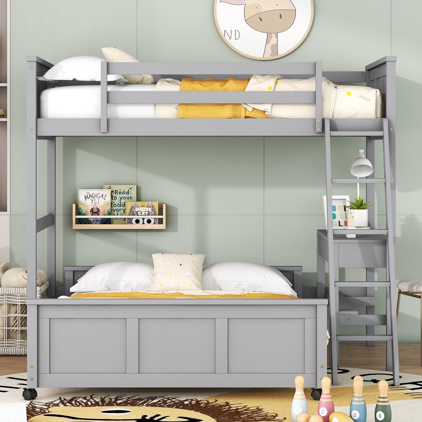 Merax Twin Over Full Bunk Bed with Desk,Wood Loft Bed Frame Saving Space for Boys,Girls,Teens,Grey