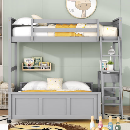 Merax Twin Over Full Bunk Bed with Desk,Wood Loft Bed Frame Saving Space for Boys,Girls,Teens,Grey