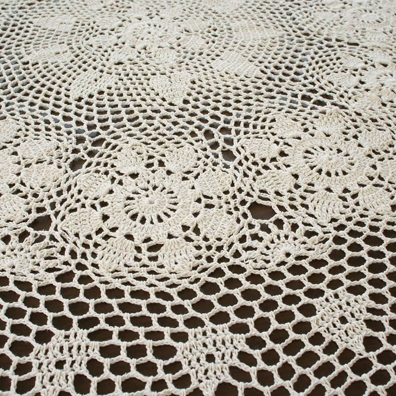 USTIDE Large Crochet Round Tablecloth Beige 90" Cotton Rustic Farmhouse Wedding Table Cloth Table Cover with Floral Lace Design, Handmade Decorative Overlay for Dining Room Kitchen