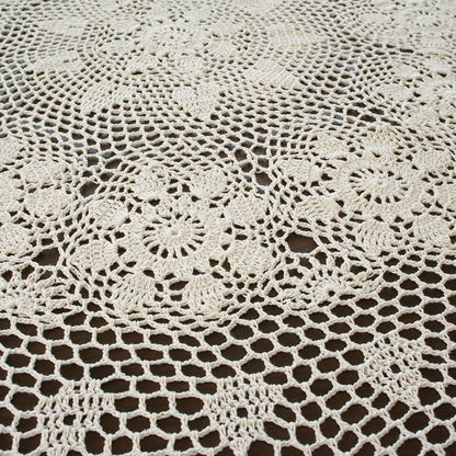 USTIDE Large Crochet Round Tablecloth Beige 90" Cotton Rustic Farmhouse Wedding Table Cloth Table Cover with Floral Lace Design, Handmade Decorative Overlay for Dining Room Kitchen