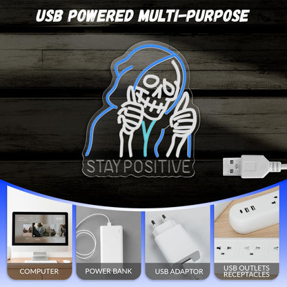 STAY POSITIVE Neon Sign Wall Decor, Motivational Skeleton‌ Lights up, Inspirational LED Sign Halloween Party Decorations for Man Beer Bar Man Cave Pub Garage Workshop