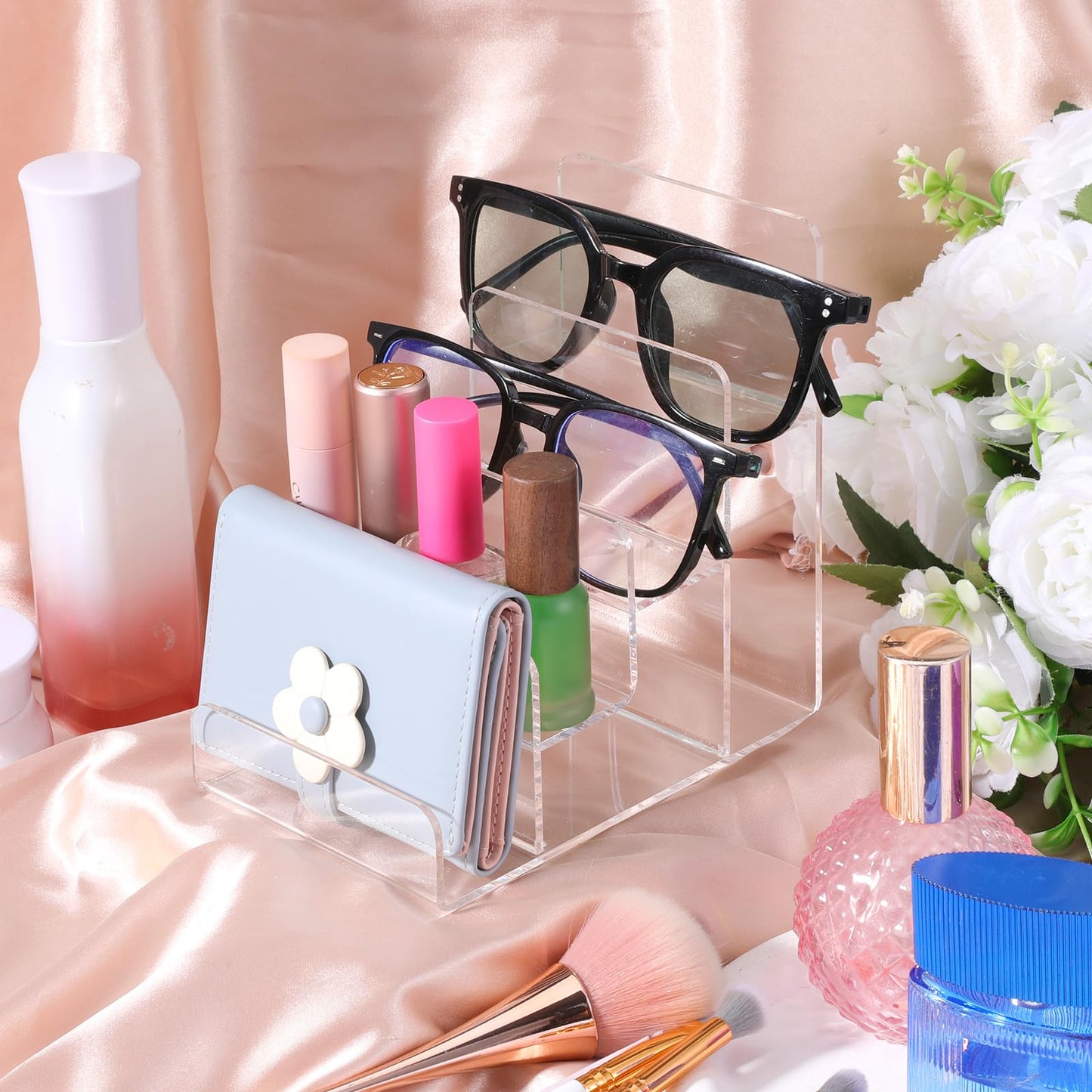Giantree 2 PCS 4 Tier Acrylic Wallet Display Stand, Clear Purse Handbag Organizer Jewelry Riser Display Stand 7.8" Clear Multi Slot Counter Table Shelf for Cosmetic Perfume Sunglasses