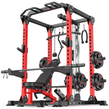 Power Rack Power Cage Multi-Function Squat Rack with Cable Crossover System Selectable More Training Attachment Power Rack for Garage & Home Gym (Red, C Set L01+Weight Bench+（Pole+Cast Iron） 248LBS)