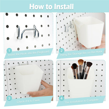 FIMXSD 8 Pack Large Pegboard Bins with Hooks, Square Box Shape Peg Board Cups and Peg Board Accessories for Craft Room, Playroom, Office, Garage, and Wall Mount Organization (White)