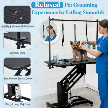 Garvee 43.3" Hydraulic Dog Grooming Table for Pet, Heavy Duty Structural Hydraulic Max Load 350Lbs Professional Pet Grooming Table with Adjustable Overhead Arm & Noose Height Range 22''-39'' (Black)