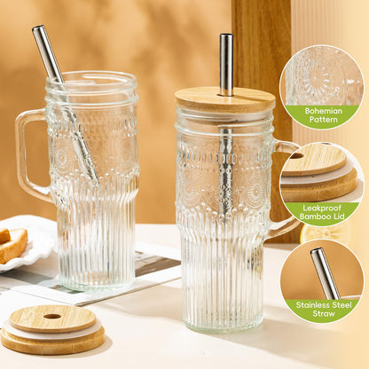 JunVpic Glass Cups with Bamboo Lids and Straws, 24oz Glass Tumbler with Handle, Stainless Steel Straws & Cleaning Brushes – Boho Pattern Iced Coffee Cup for Smoothies, Tea, and Gifts, Set of 2
