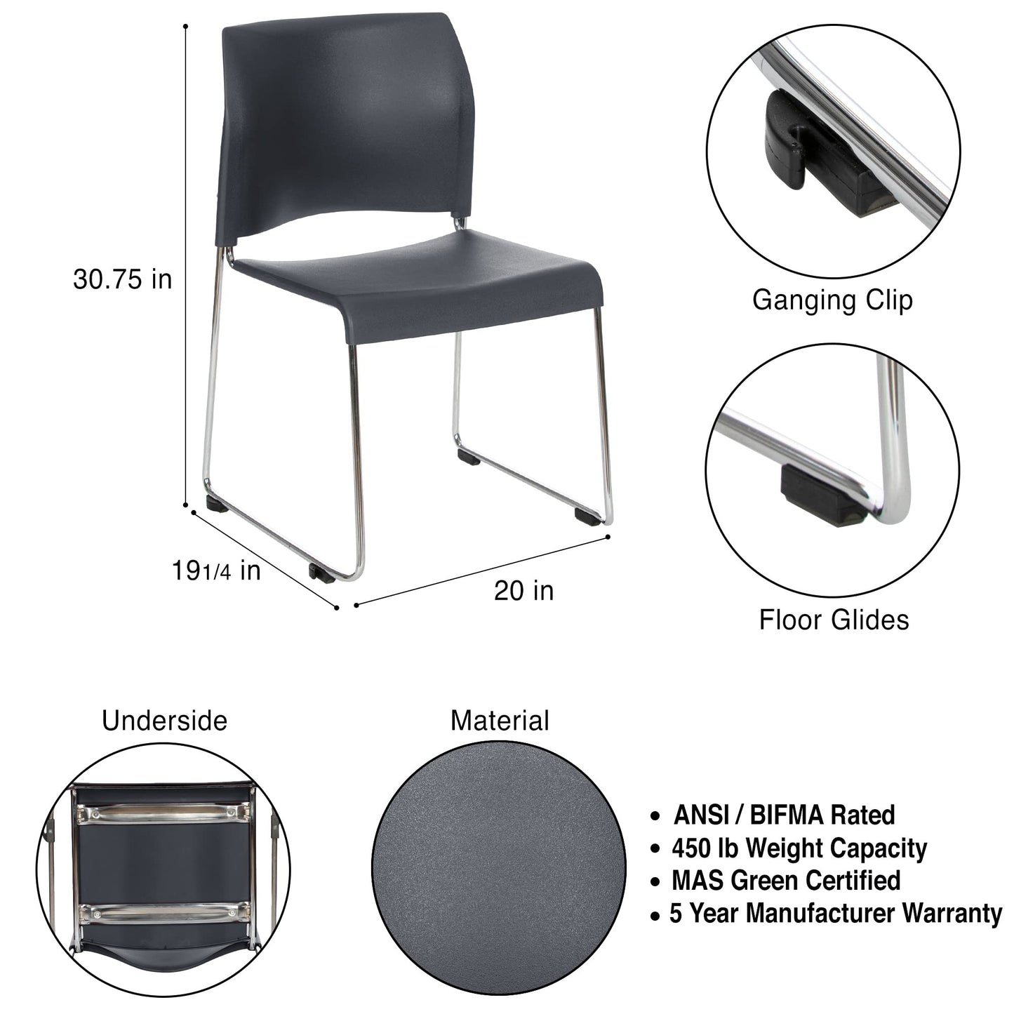 OEF Furnishings OEF8820-11-20/4 Commercial Stack Chair (Hard Plastic Seat and Back, Dark Gray, Chrome Frame, 4-Pack)