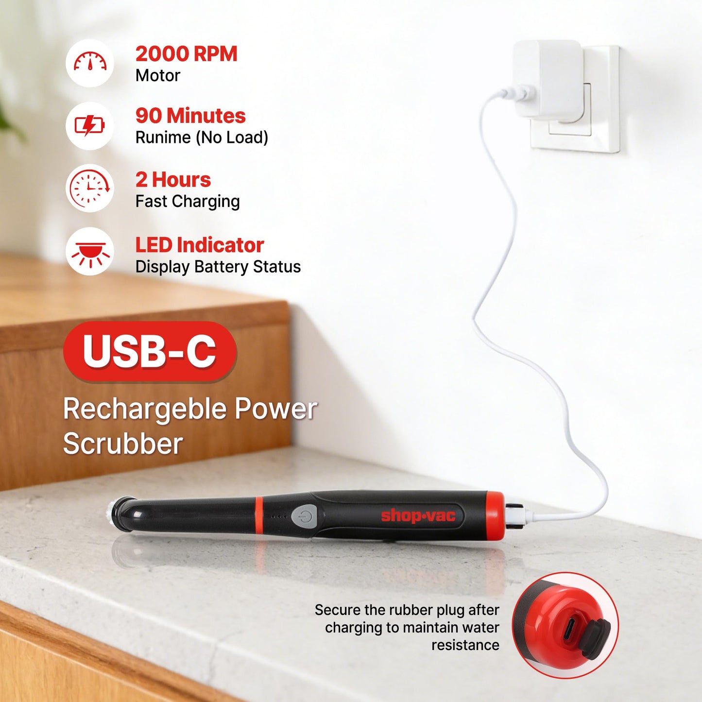 Shop-Vac Electric Spin Scrubber with 2000RPM Motor, 90Min Long Runtime with 5 Replaceable Head, LED Display and IPX6 Waterproof, Cordless Electric Scrubber for Cleaning Grout, Tile, Bathroom, Kitchen