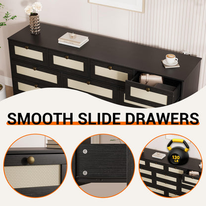 GarveeHome 12 Drawer Wooden Dresser for Bedroom, Rattan Chest of Drawers for Closet, Living Room, Hallway, 61 Inch Wood Wide TV Stand Dressers for 65 Inch TV, Modern Dresser for Adult Room