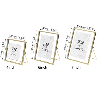 QWORK Gold Floating Picture Fram, Set of 3 Glass Double Panel Metal Frame, Includes 5x7, 4x6, 4x4, Tabletop Display for Postcards Photos Artworks