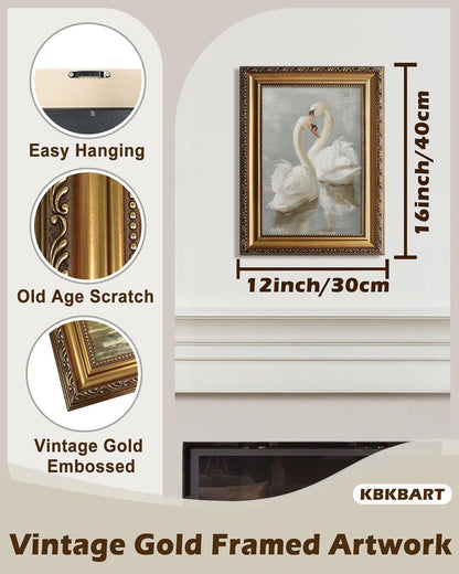 12x16 KBKBART Vintage Framed Wall Art for Living Room, Farmhouse White Swan Vintage Painting Canvas Wall Art Prints