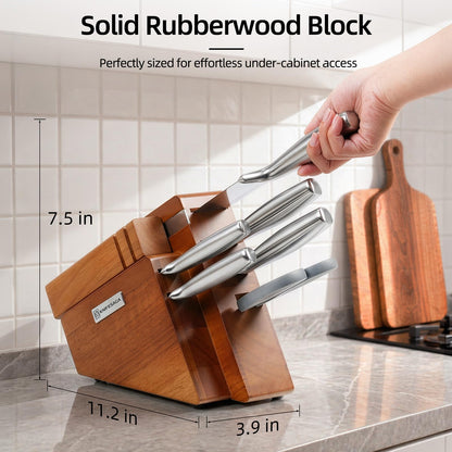 KnifeSaga Kitchen Knife Set with Block and Detachable Sharpener | 8-Piece High Carbon Stainless Steel Knife Block Set, Fully Forged Blades & Compact Design
