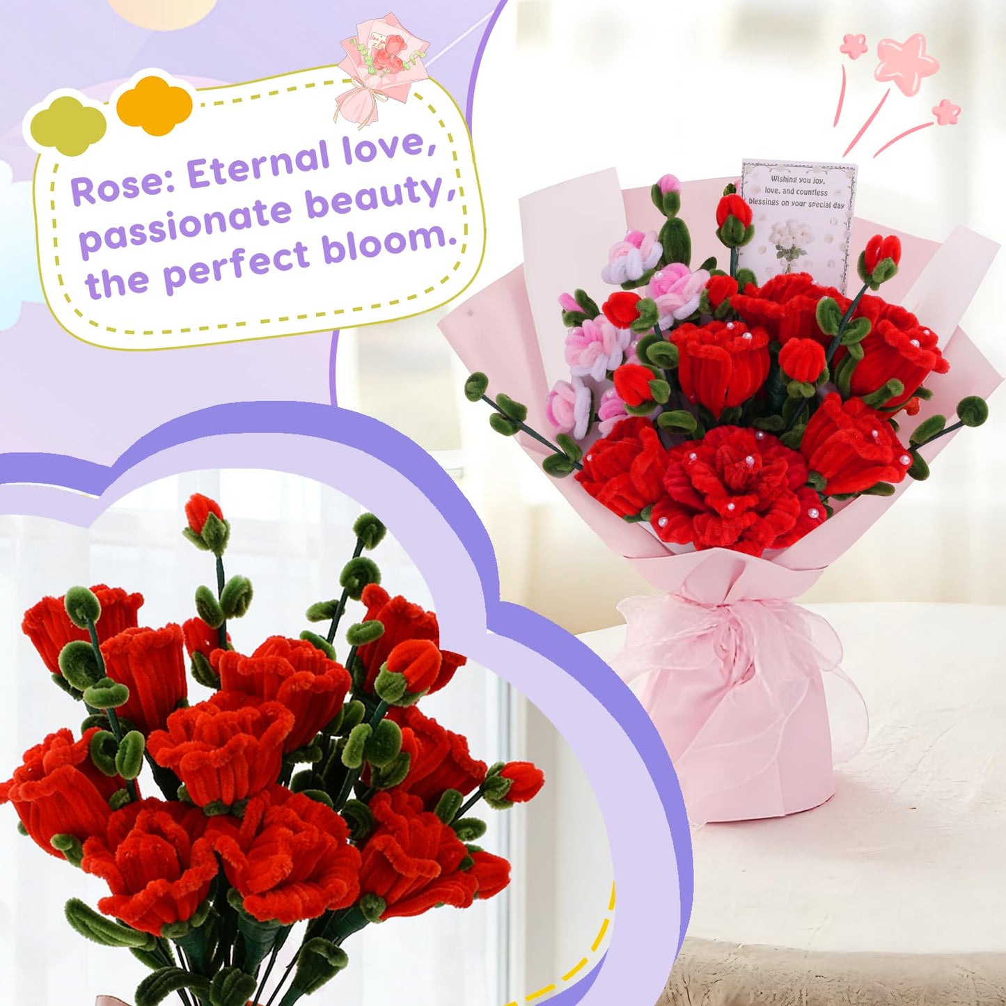 900 PCS Pipe Cleaners Craft, Pipe Cleaner Bulk Flower Kit 14 Colors Chenille Stems Flower Making Kit with Greeting Card, Floral Wires, Tape, Stamen, Floral Wrapping Paper & Ribbon for Art DIY Flowers