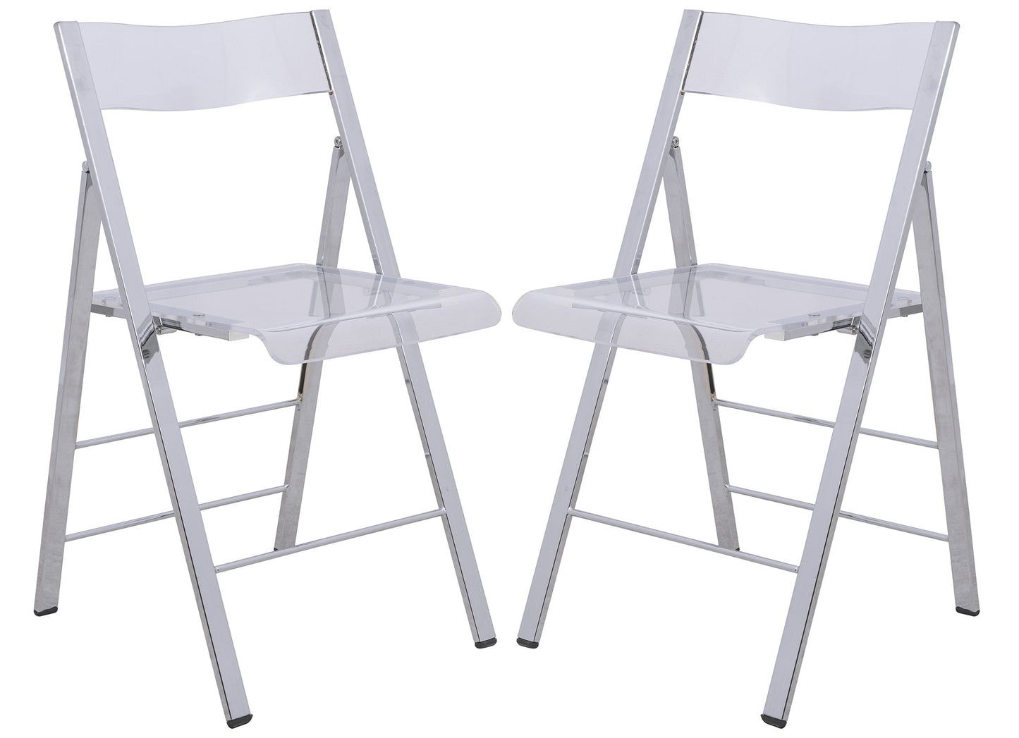 LeisureMod Transparent Acrylic Folding Chair, Lightweight Iron Chrome Base, Comfortable Clear Desk Chair, No Assembly Needed (Set of 2) in Clear