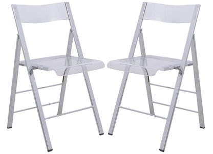 LeisureMod Transparent Acrylic Folding Chair, Lightweight Iron Chrome Base, Comfortable Clear Desk Chair, No Assembly Needed (Set of 2) in Clear