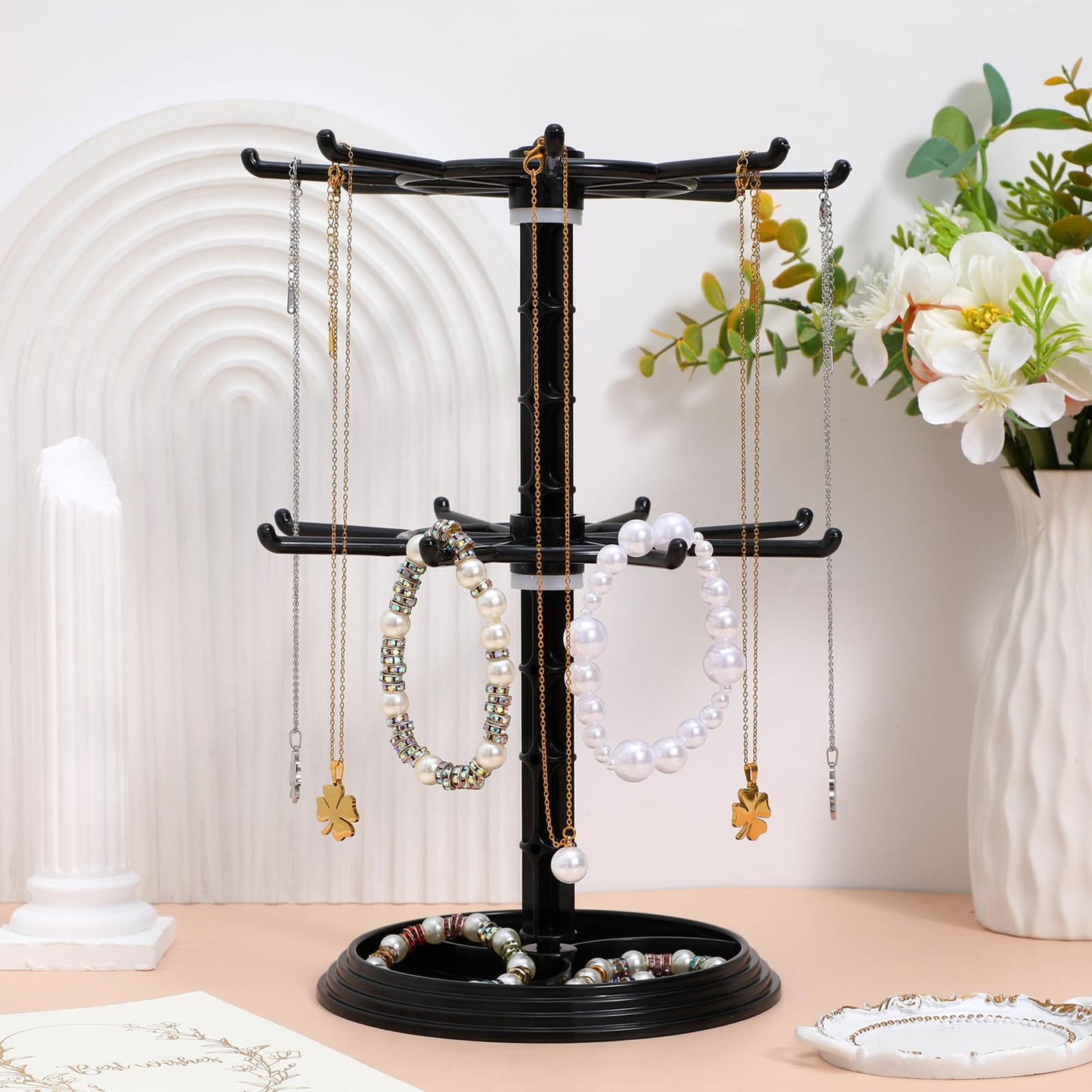 AOKWAWALIY Jewelry Stand 2 Tier Necklace Holder Black Bracelet Hanging Organizer Rotating Jewelry Earring Display Keychain Display Stand Plastic Jewelry Rack for Malls Counter Dressing Table