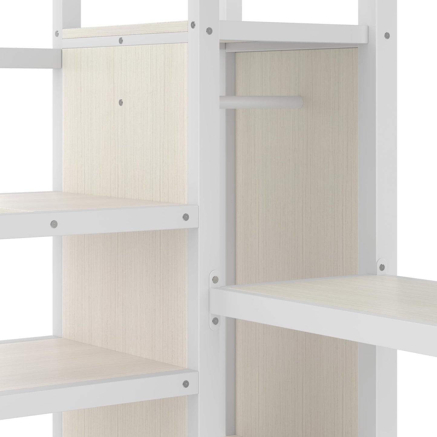 KEIKI Metal Loft Bed Queen Size with L-Shaped Desk, USB Port, Wardrobe, Adjustable Shelf, and LED Lights, High Loft Bed with Stairs for Teens and Adults, White Wood Grain